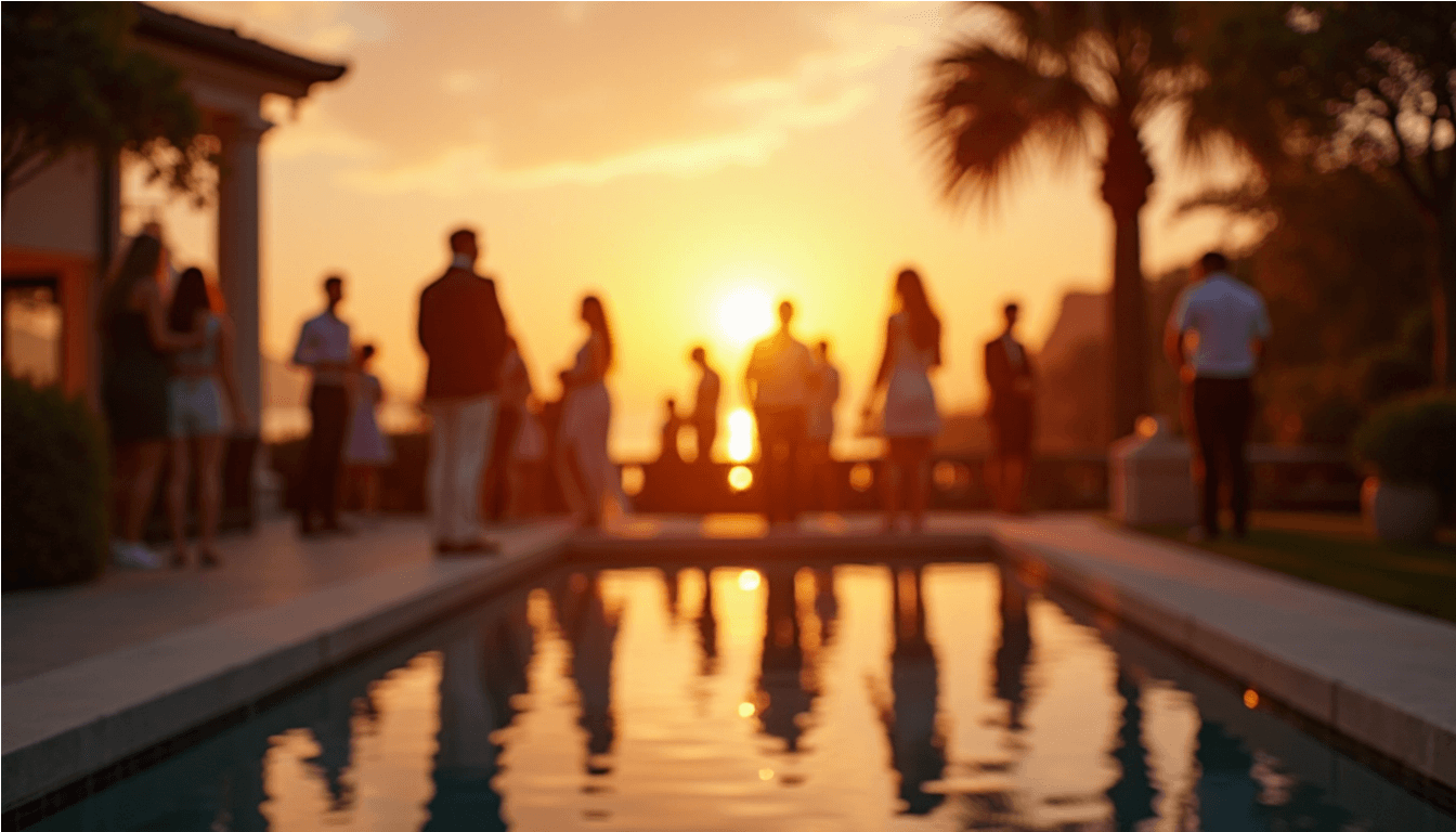 Guests gathered around a pool at sunset with palm trees behind